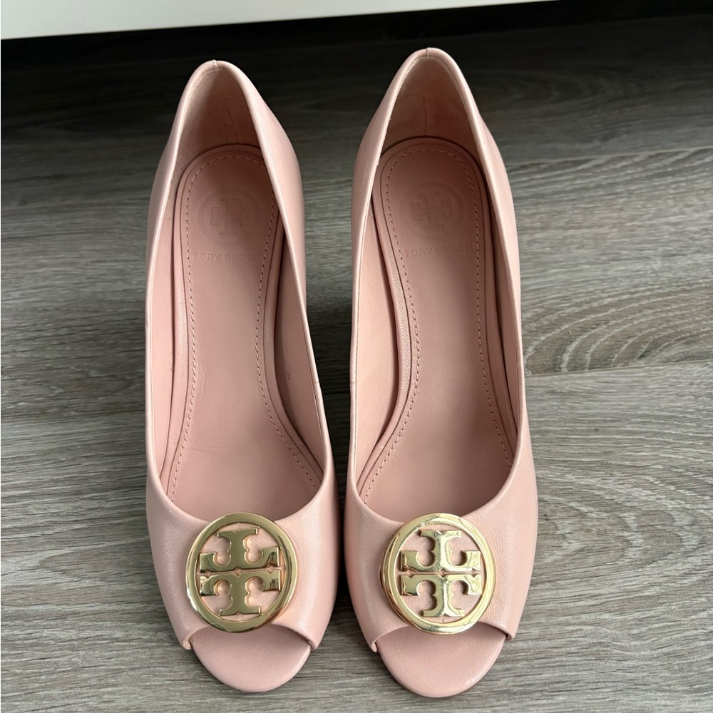 Tory Burch Blush Pink Peep-Toe Heels with Gold Logo